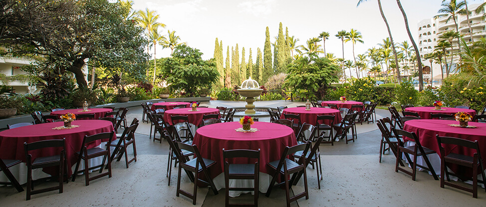 patio set up with round tables