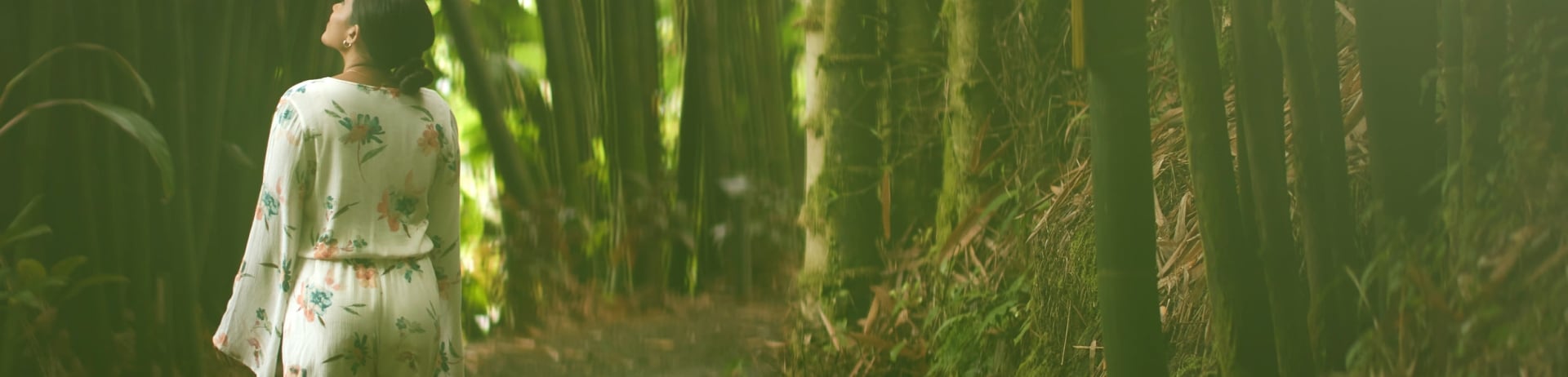 woman walking through a bamboo forest