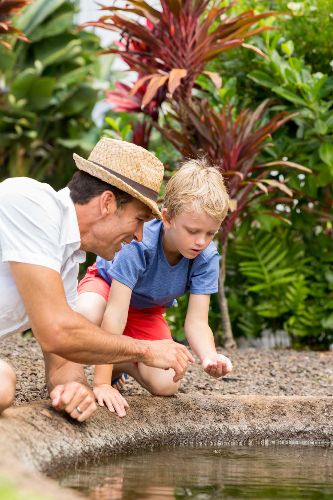 a father and son looking into a koi pond