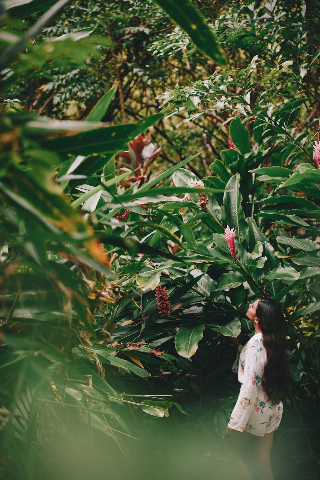 woman looking at plants in the garden