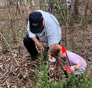 father and daughter planting trees
