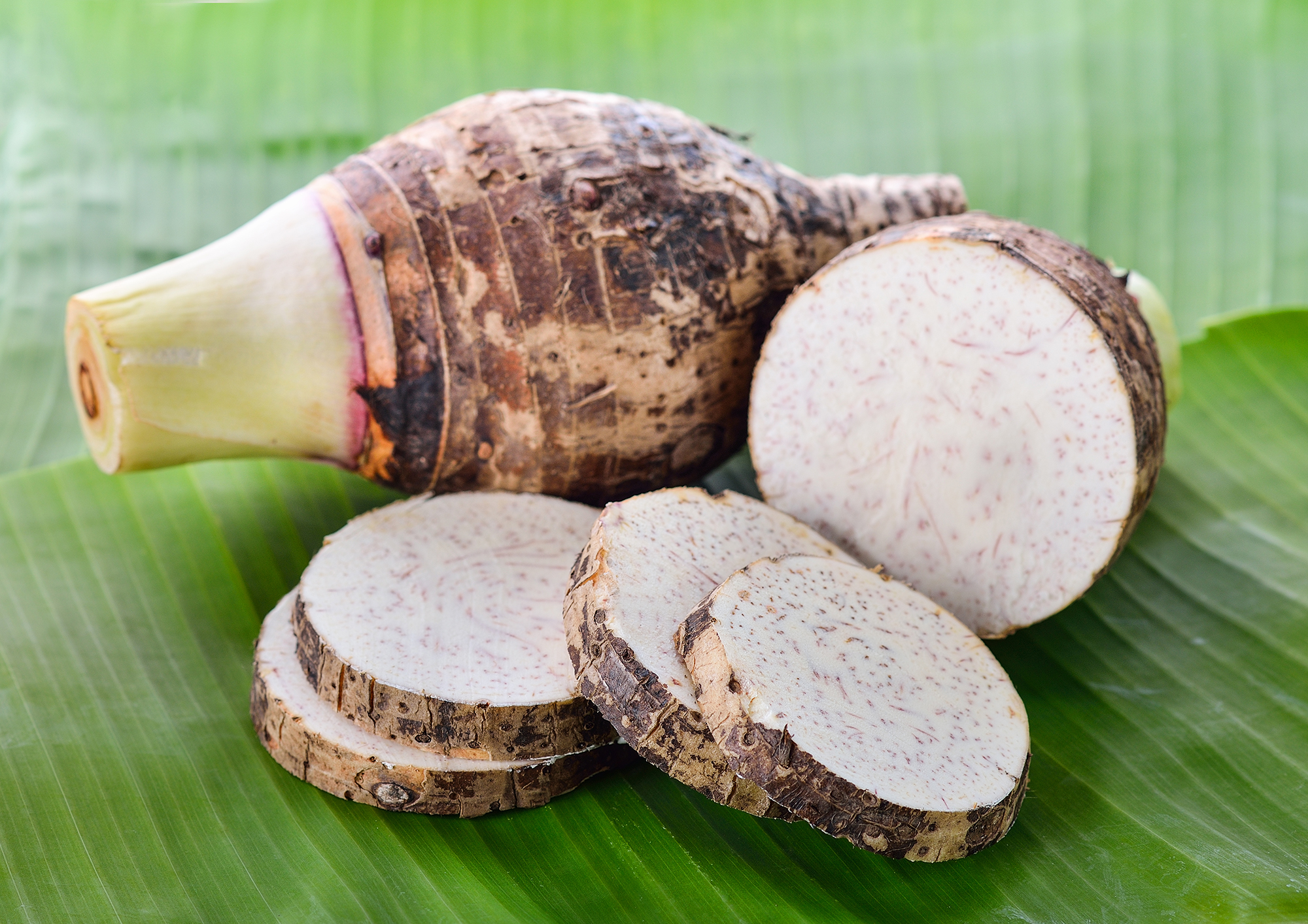 taro root on banana leaf